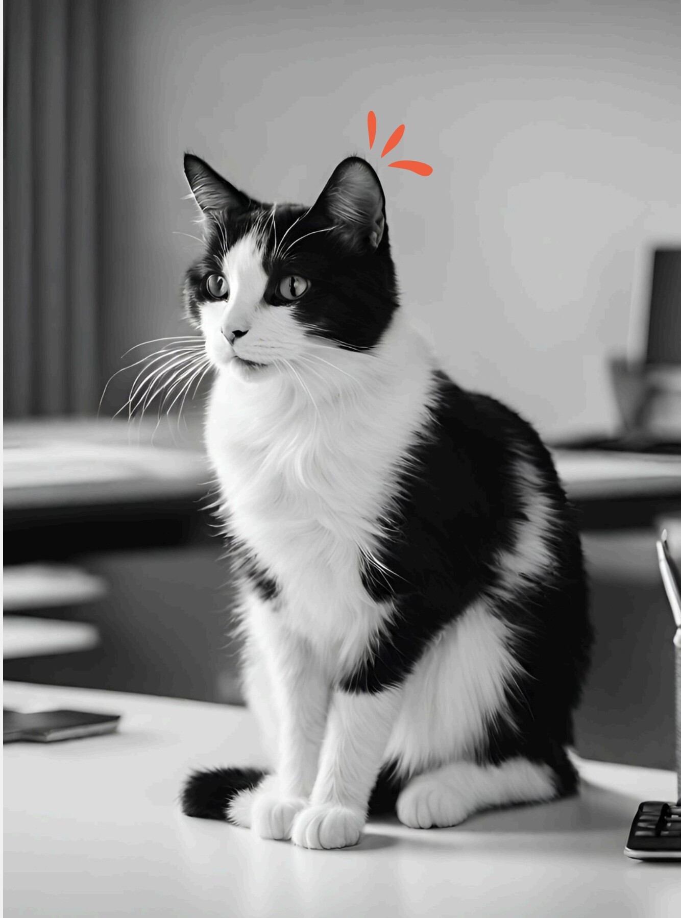 Gato preto e branco em ambiente de trabalho